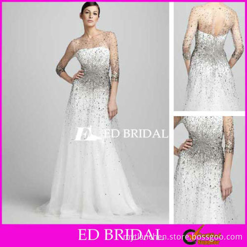 A Line Illusion Neckline And Sleeves With Sequins Floor Length Tulle Three Quarter Sleeves Pleated See Through Evening Dress